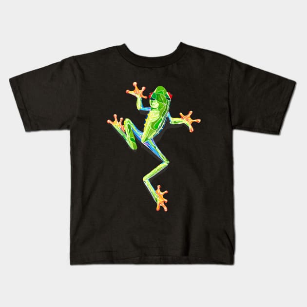 Leaping green tree frog Kids T-Shirt by JBLAIS DESIGN 